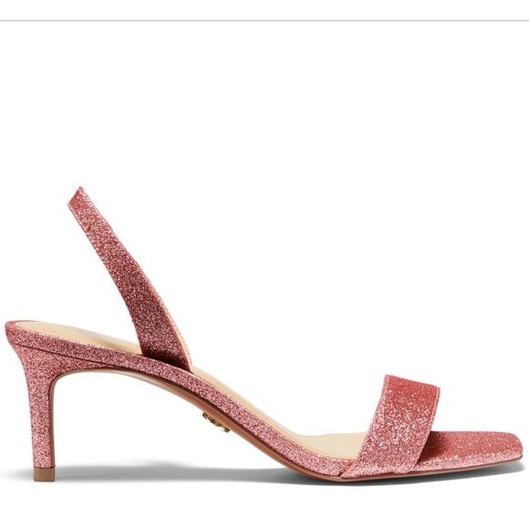NEW Michael Kors Mila Pixie Pink Fine Glitter Open Toe Kitten Heel Sandal  7.5 - Picture 2 of 4